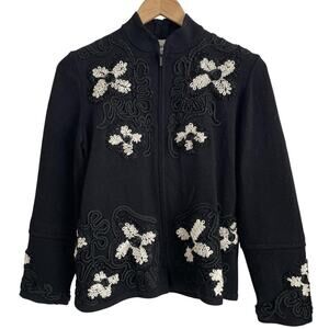 VTG. Toula Knit Jacket Womens 8 Artsy Ribbon Embroidered Wool Blend Zip Up USA